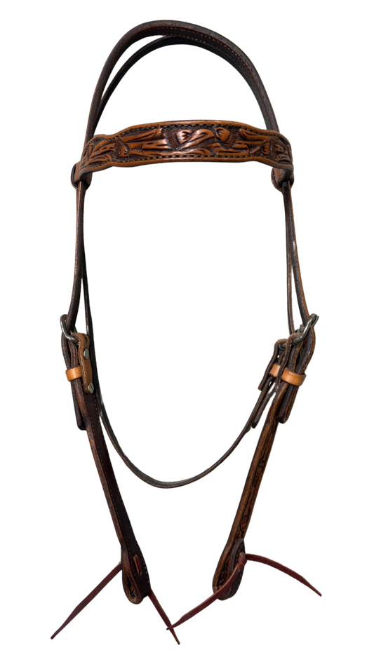 Floral Antique Oak Tooled Browband Headstall