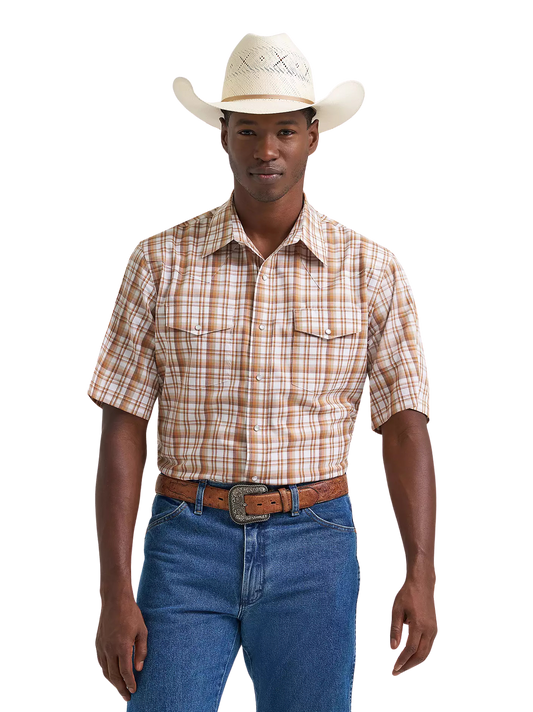 Wrangler Men's Wrinkle Resist Short Sleeve Western Snap Hay Brown Plaid Shirt