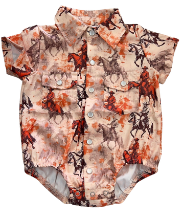 Shea Baby Boy's Traveling Cowboy Short Sleeve Pearl Snap Onesie