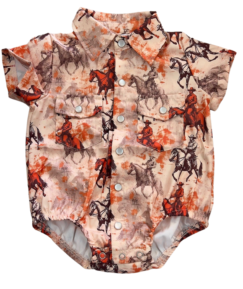 Shea Baby Boy's Traveling Cowboy Short Sleeve Pearl Snap Onesie