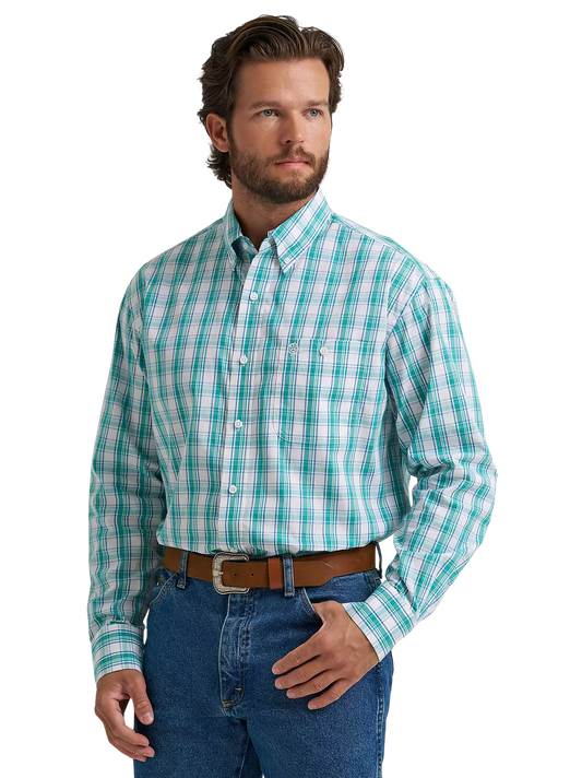 Wrangler Men's George Strait Turquoise Plaid Long Sleeve Button Down One Pocket Shirt
