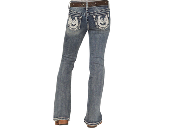 Grace in LA Girls' Medium Wash Horseshoe w/Horses Embroidered Pocket Bootcut Jeans