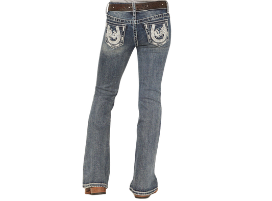 Grace in LA Girls' Medium Wash Horseshoe w/Horses Embroidered Pocket Bootcut Jeans