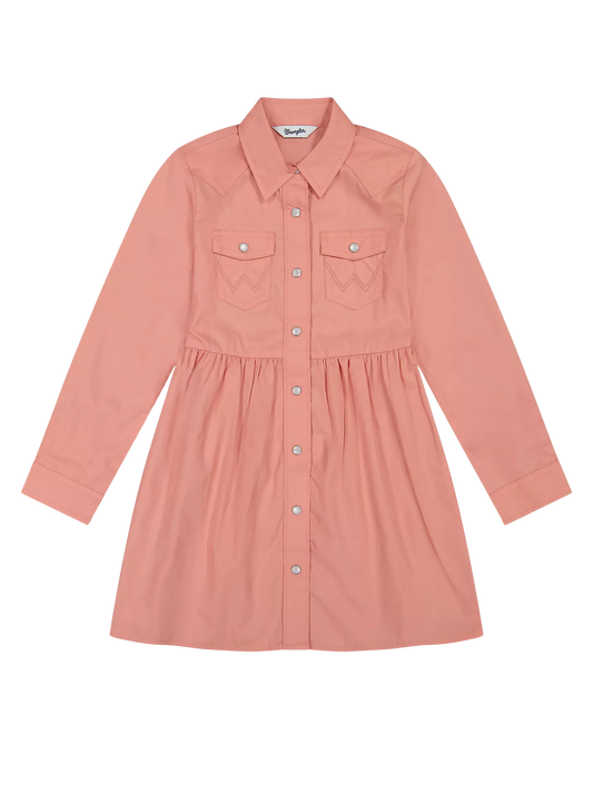 Wrangler Girl's Long Sleeve Pink Colorwash Western Snap Dress