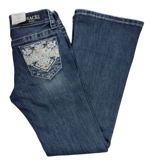 Grace in LA Girl's Aztec Embroidered Pocket Bootcut Jeans