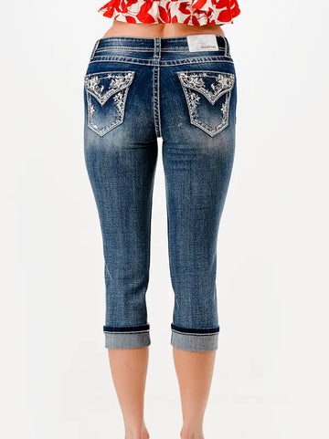 Grace in LA Women's Stars Embroidered Faux Flap Pocket Denim Capri