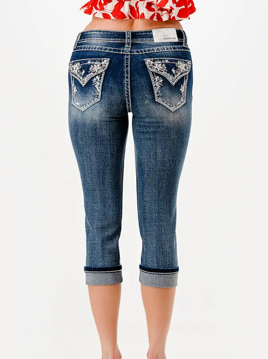 Grace in LA Women's Stars Embroidered Faux Flap Pocket Denim Capri