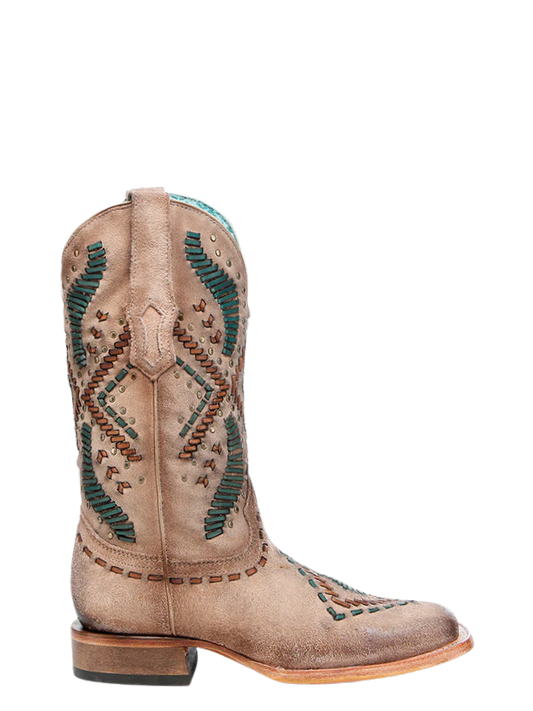 Corral Women's Woven Embroidery & Studs Wide Square Toe Sand Cowboy Boot