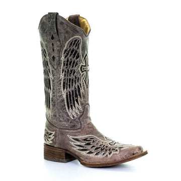 Corral Women's Brown w/Black Wing & Cross Sequence Square Toe Boots-CLEARANCE-NO RETURNS