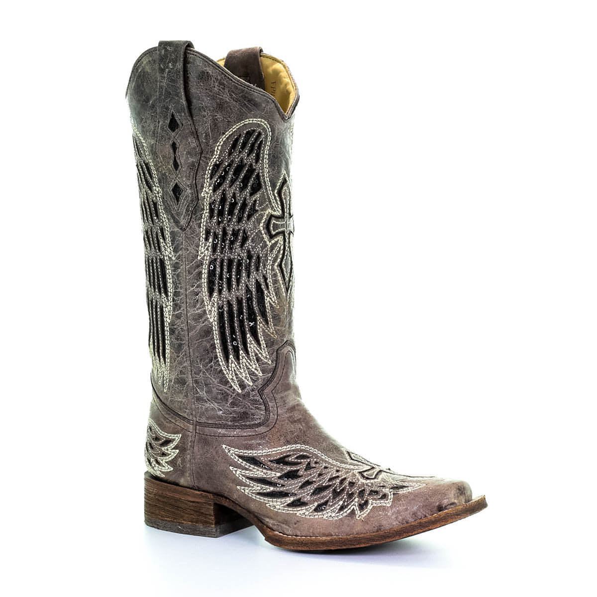 Corral Women's Brown w/Black Wing & Cross Sequence Square Toe Boots-CLEARANCE-NO RETURNS