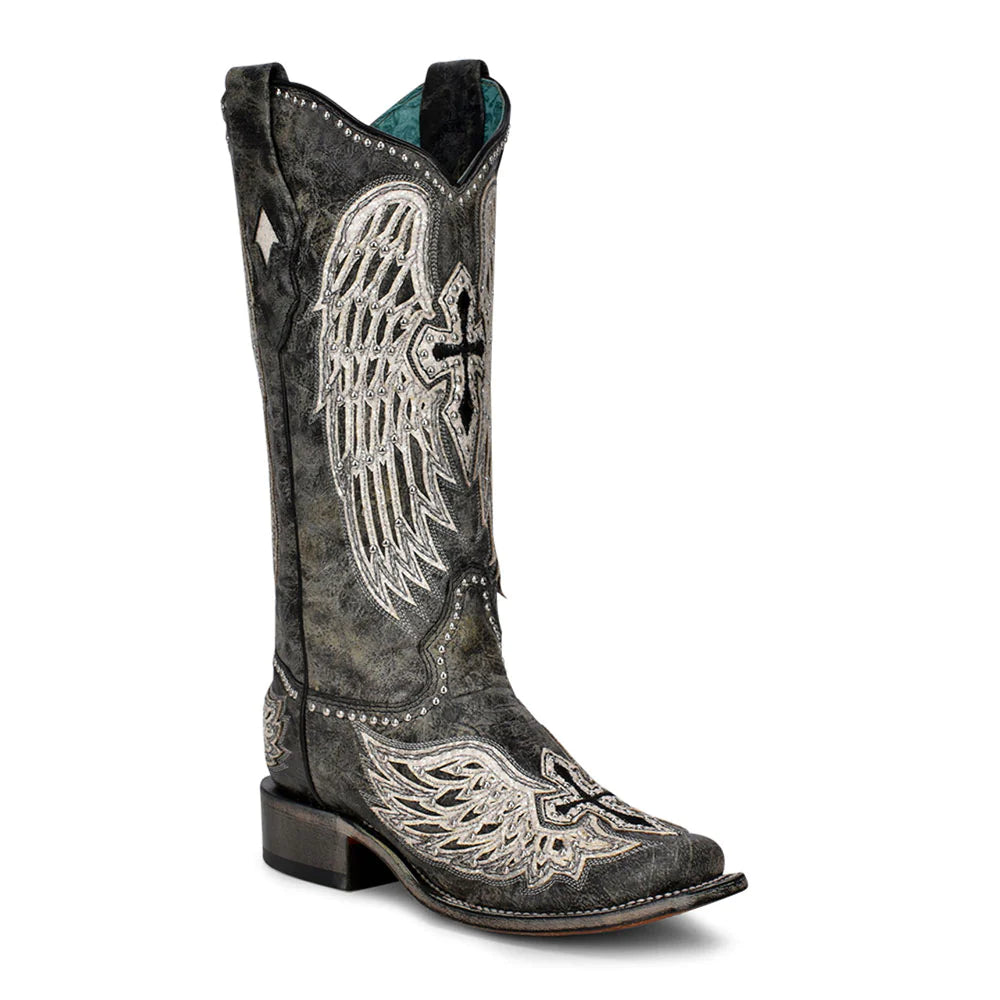 Corral Women's Distressed Black w/Cross & Wings Square Toe Boots