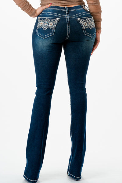 Grace in LA Women's Dark Wash Bootcut Jeans with Aztec Design on Pockets