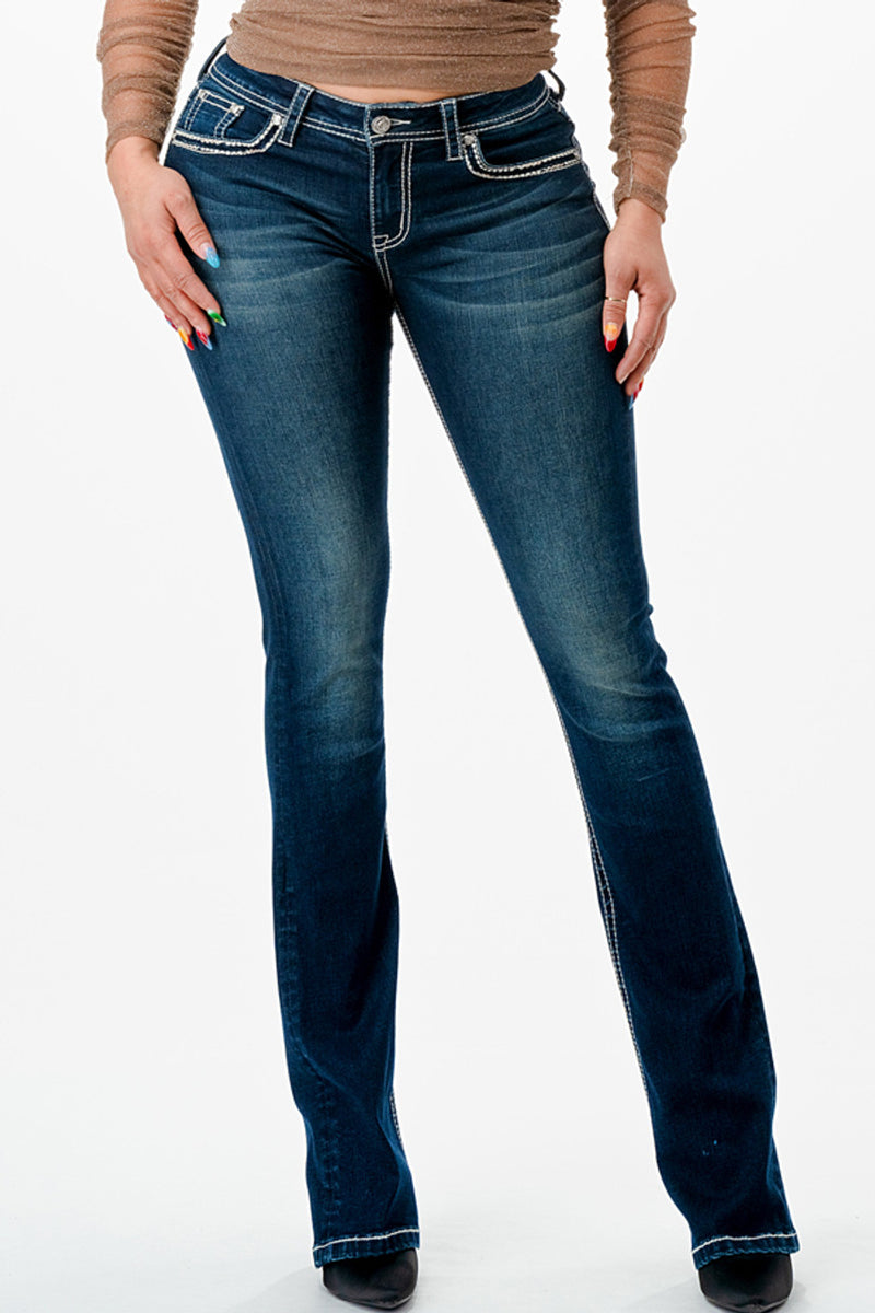 Grace in LA Women's Dark Wash Bootcut Jeans with Aztec Design on Pockets