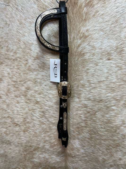 Used Black Show Headstall With Double Ear and Southwest Design Silver