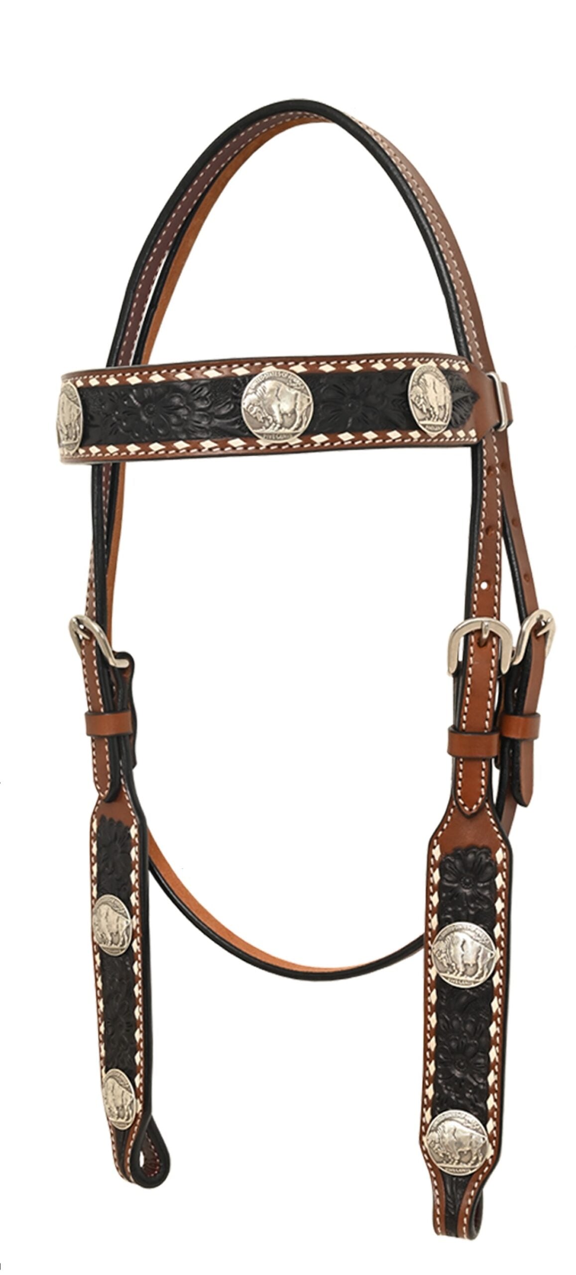 Rafter T Floral Tooled Browband Headstall w/White Buckstitch