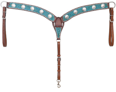 Rafter T Floral Tooled Breast Collar w/White Buckstitch & Buffalo Conchos