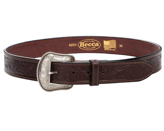 Becca Men's 1-1/2" Walnut Western Floral Tooled Belt