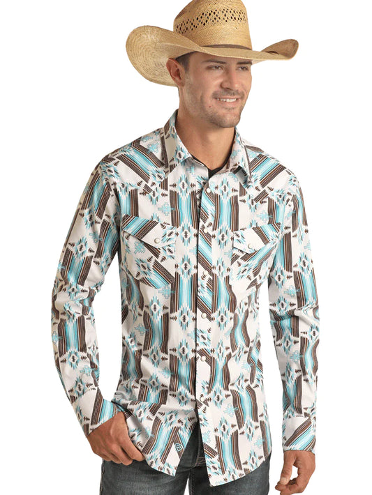 Rock & Roll Denim Men's Aztec Print Long Sleeve Snap Shirt