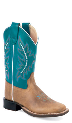 Old West Kid's Teal & Brown Broad Square Toe Cowboy Boots