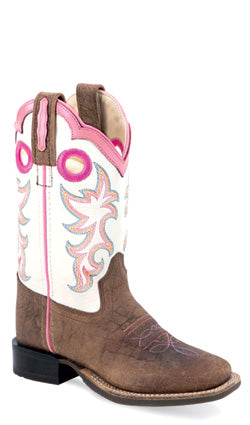 Old West Kid's Distressed Brown and White w/Pink Square Toe Boot