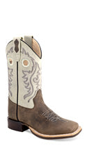Old West Big Kid's Brown & Vintage White Square Toe Western Boots