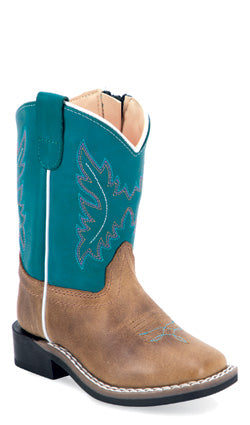 Old West Toddler Kid's Teal & Brown Broad Square Toe Cowboy Boots