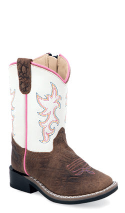 Old West Little Kid's Distressed Brown and White w/Pink Square Toe Boot