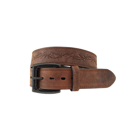 Berne Men's Genuine Leather Embossed Barbwire Brown Belt