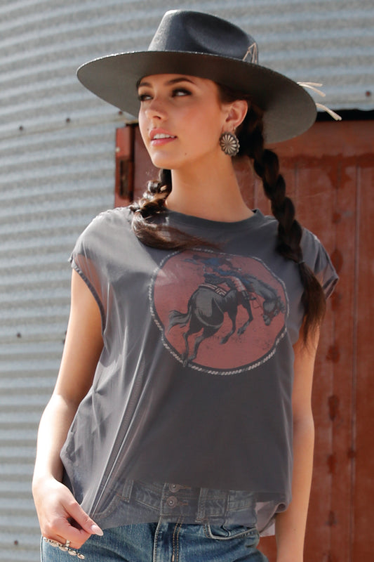 Cruel Denim Women's Bucking Bronc Charcoal Mesh Top