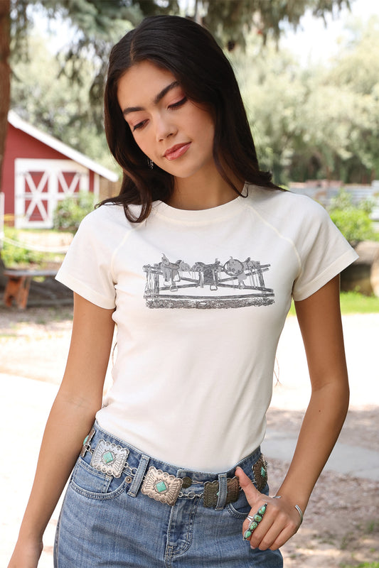 Cruel Denim Women's Light Cream Graphic Fitted Raglan T-Shirt