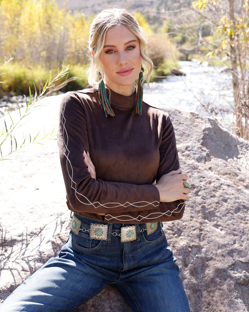 Cruel Denim Women's Brown Faux Suede Boot Stitch Long Sleeve Shirt