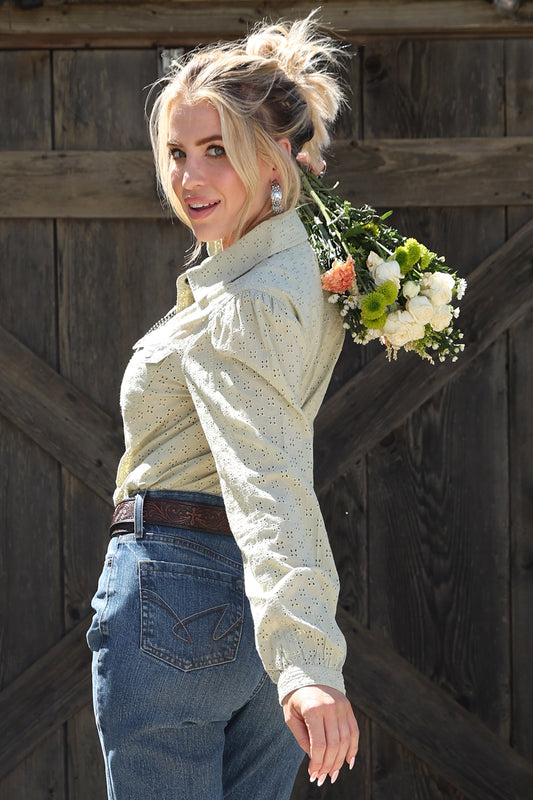 Cruel Denim Women's Light Green Eyelet Long Sleeve Snap Shirt
