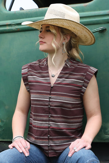Cruel Denim Women's Brown Striped Concho Button Tank Top
