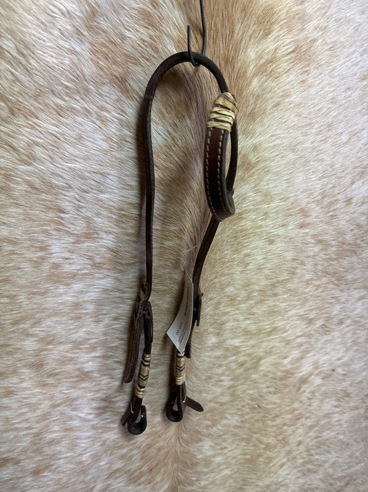 Used One Ear Headstall With Rawhide and Brown Steel/Silver Buckles, Quick Change Bit Ends