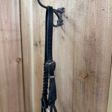 Black Harness Leather Split Ear Blood Knot Headstall with Mendez Roadrunner Buckle and Keeper
