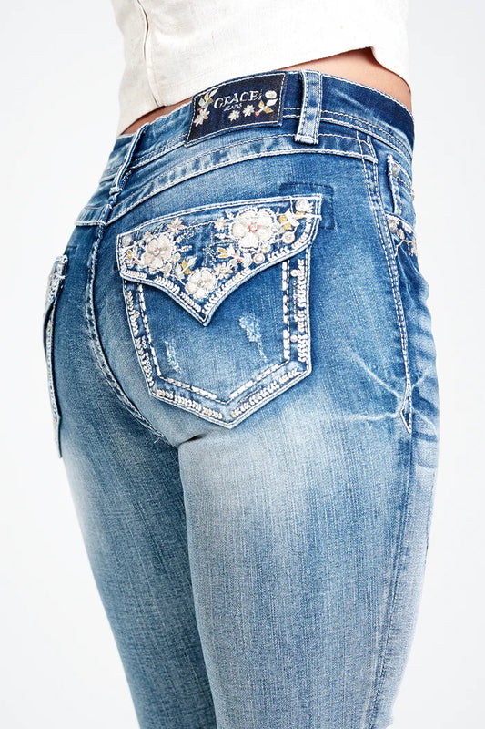 Grace Women's Floral Modify Faux Flap Embellished Mid Rise Bootcut Jean