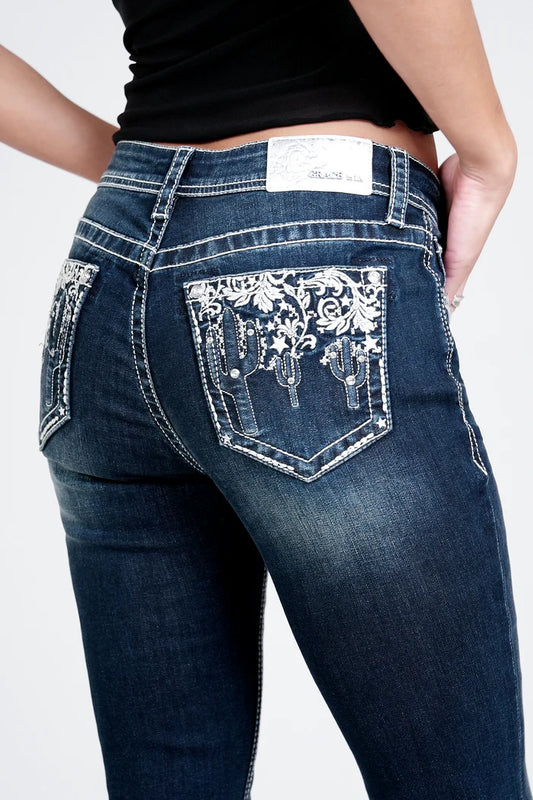 Grace in LA Women's Easy Fit Dark Wash 3D Cactus Mid Rise Bootcut Jeans