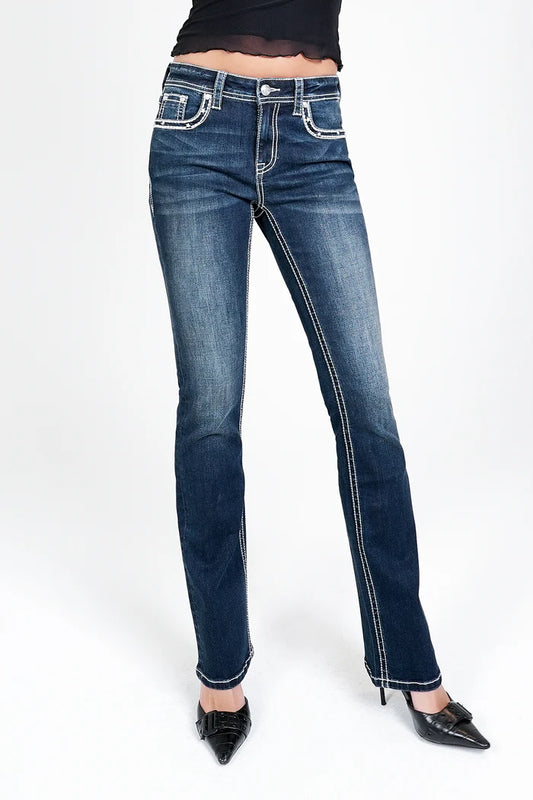 Grace in LA Women's Distressed Basic Med Blue Mid Rise Skinny Jeans