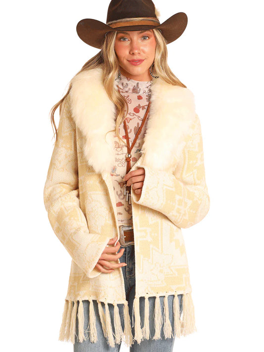 Powder River Outfitters Women's Aztec Fringe Natural Cardigan