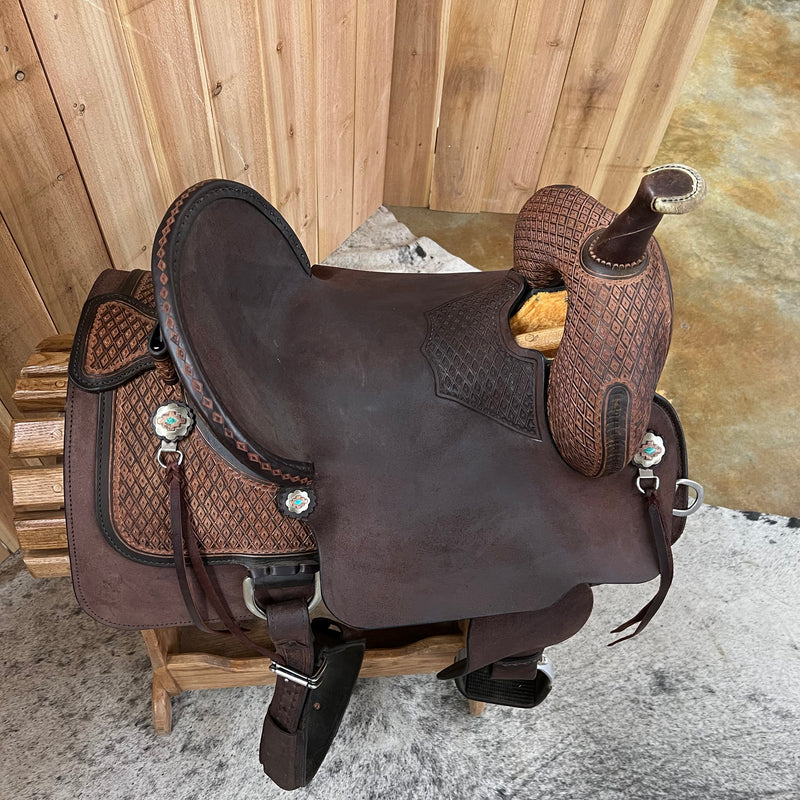 Circle Y Josey Cash Outlaw Barrel Saddle, 15.5" Seat (Demo)