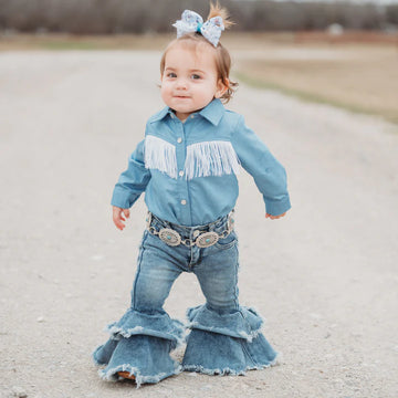 Shea Baby Denim Fringe Pearl Snap Onsie