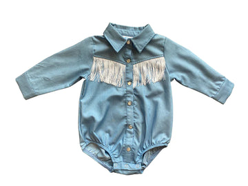 Shea Baby Denim Fringe Pearl Snap Onesie