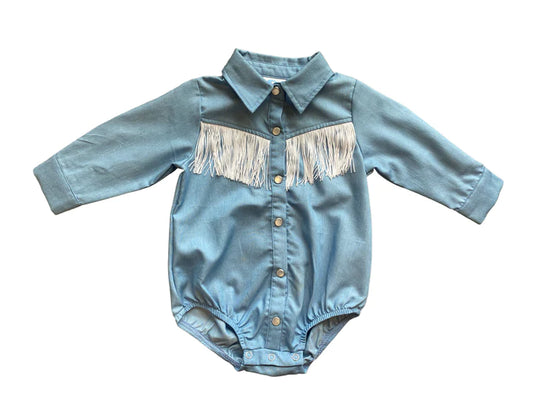 Shea Baby Denim Fringe Pearl Snap Onsie