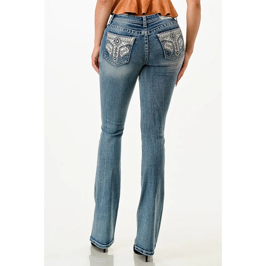 Grace in LA Women's Embroidered Aztec Pockets Bootcut Jean