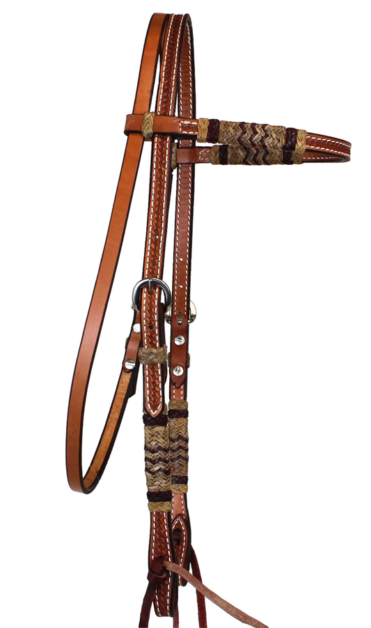 Natural Tooled and Burgundy Rawhide Browband Headstall