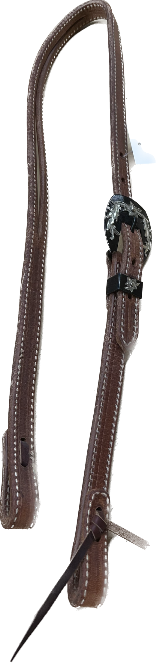 Harness Leather Split Ear With Black Steel buckle with silver floral Overlay
