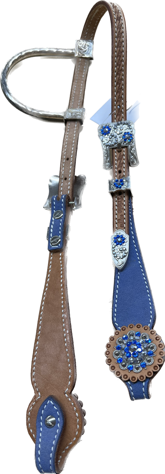 Triple "W" Sample Headstall Basket Tooled With Blue Suede Side Cheeks