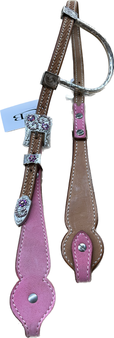 Triple "W" Sample Headstall With Basket Tooled, Pink Suede Cheek and Pink and White Crystals