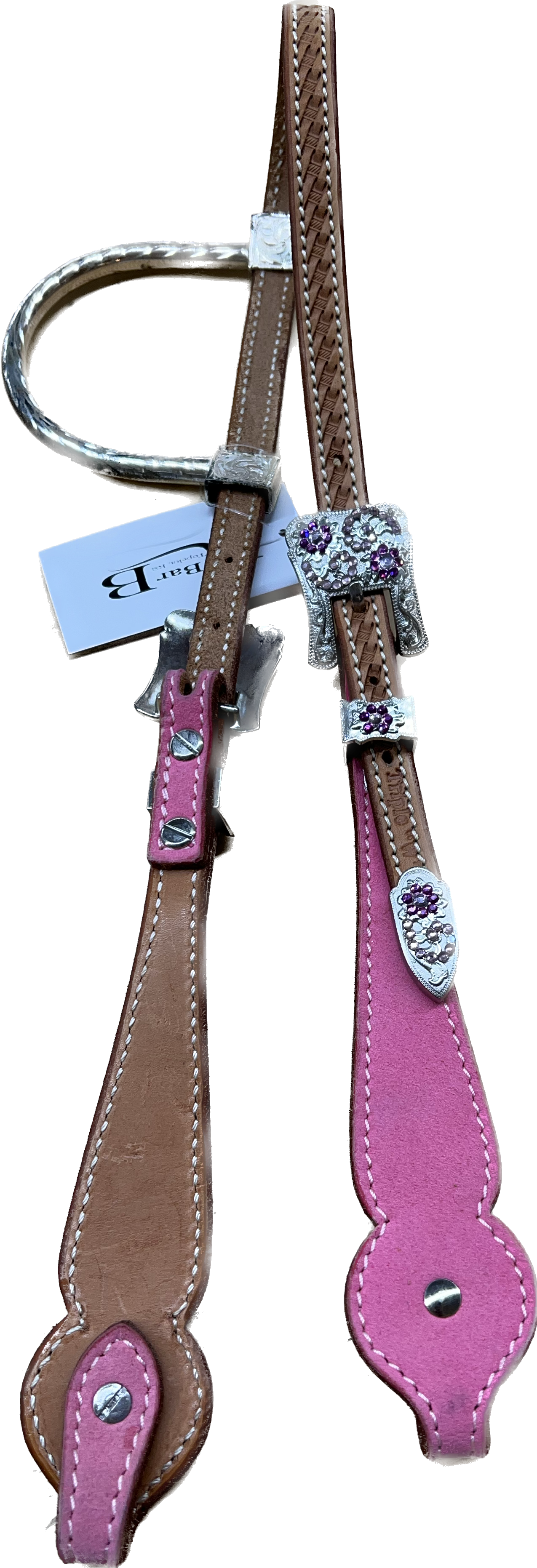 Triple "W" Sample Headstall With Basket Tooled, Pink Suede Cheek and Pink and White Crystals