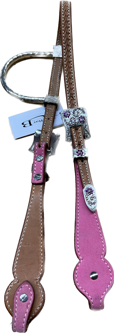 Triple "W" Sample Headstall With Basket Tooled, Pink Suede Cheek and Pink and White Crystals